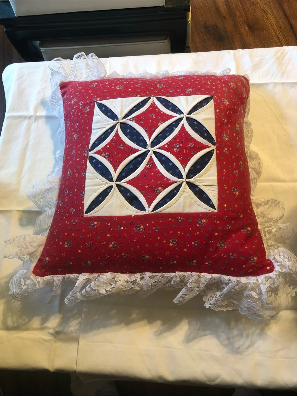 Vintage Handmade Cathedral Window Quilt Pillow